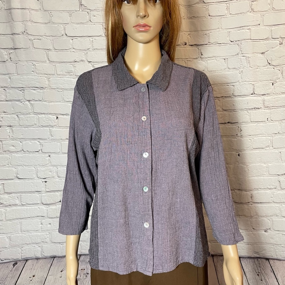 Coldwater Creek Rayon Cotton Crinkle Button Down 3/4 Sleeve Shirt Size PL